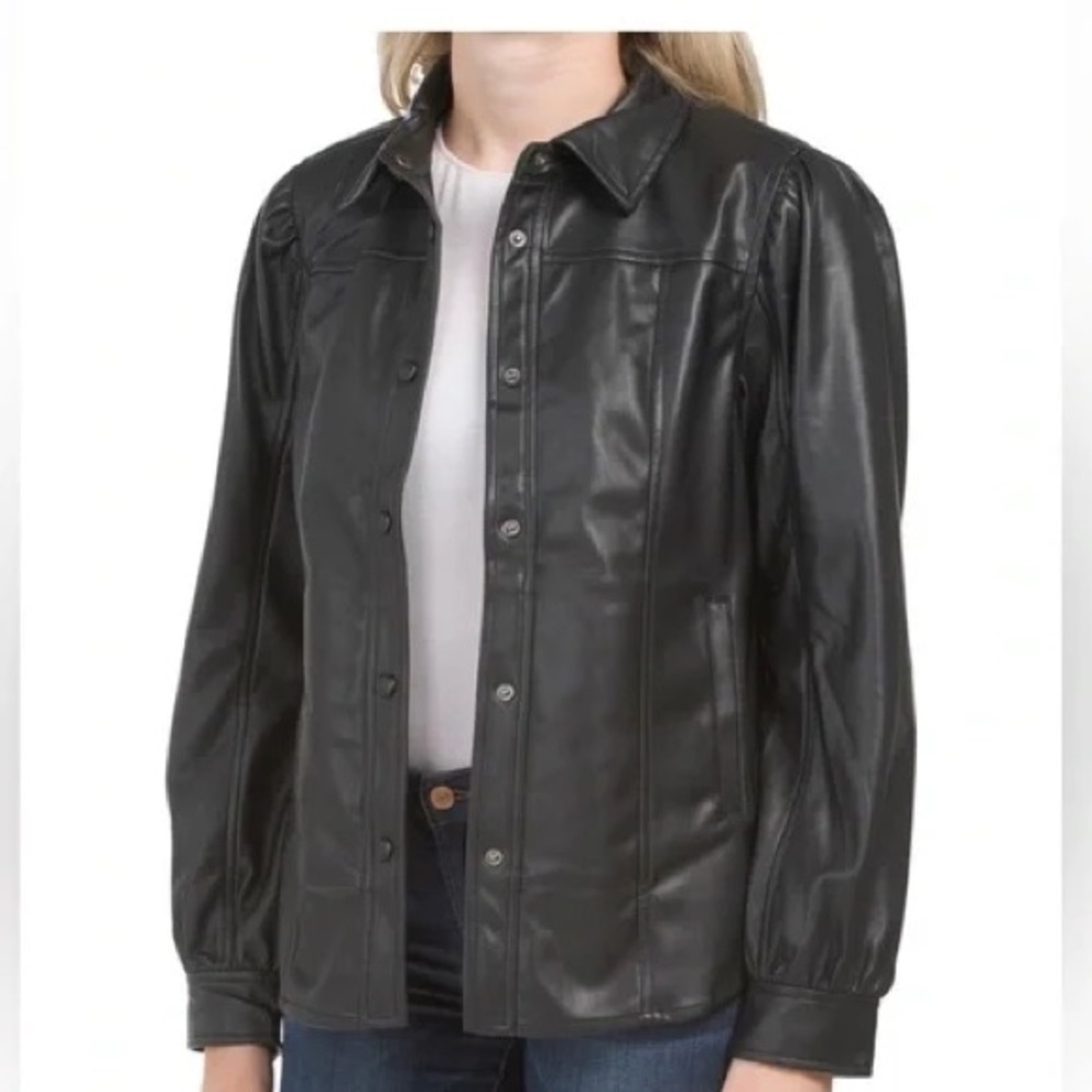 BlankNYC Dark Green Vegan Faux Leather Collar Shacket Jacket Waxed Finish SZ M